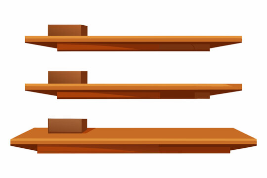 recommend clip art: Brown wooden floating shelves isolated on a white background. Minimalist shelving unit with simple design. Concept of home decor, organization, storage, furniture, interior design