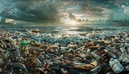 Beach scene cluttered with plastic waste, urging environmental conservation