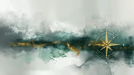 Modern art piece with golden texturing over green-gray shades, accented with a subtle compass.