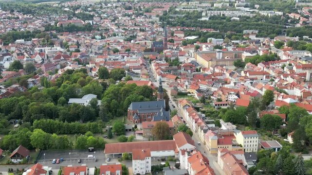 Aerial video around a church in Apolda, thuringia, Germany