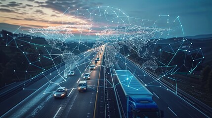 Multiple vehicles travel on a highway at dusk, featuring a digital network overlay with world map, illustrating global connectivity and advanced transportation systems.