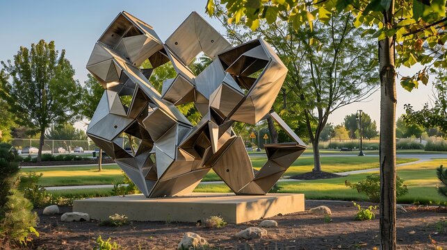 abstract geometric sculpture created from pieces of fiber cement siding, displayed in an outdoor park to show its artistic potential