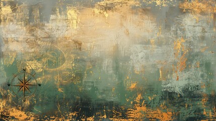 Modern abstract landscape in gold and green on textured canvas with a compass.