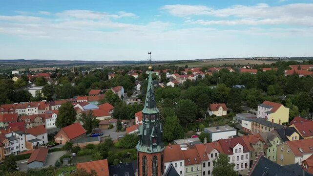 Aerial video around a church in Apolda, thuringia, Germany