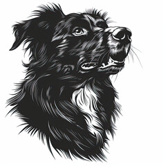 A black and white drawing of a Australian Shepherd dog