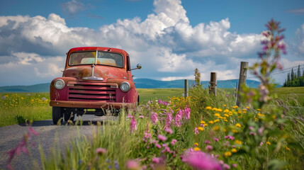 An old red truck stands on a road beside a field with colorful wildflowers, under a bright, cloudy sky. Fence posts and distant hills are visible.