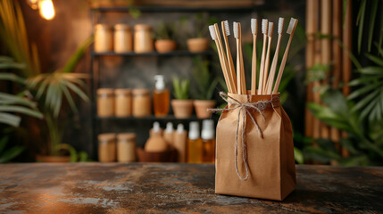 Bag with toothbrushes.