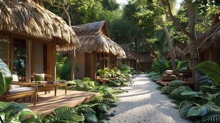 Obraz premium eco-resort featuring cabanas with thatched roofs made from sustainable materials, furniture crafted from local wood, and paths lined with native plants