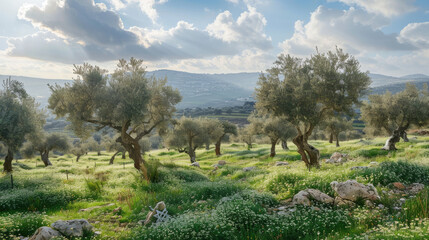 Olive trees stand in a green field with rocky ground. The sky is partly cloudy with sun rays shining through, and hills are visible in the distance.