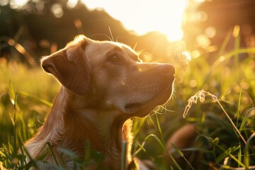 A razor-sharp close-up photo capturing a dog scanning its surroundings in a grass field under