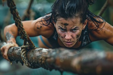 Obraz premium A razor-sharp photo capturing a determined woman navigating through an OCR (Obstacle Course Racing)