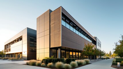 energy-efficient office building using fiber cement siding in a staggered pattern to enhance its modern aesthetic under a clear sky