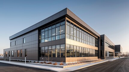 Fototapeta premium energy-efficient office building using fiber cement siding in a staggered pattern to enhance its modern aesthetic under a clear sky