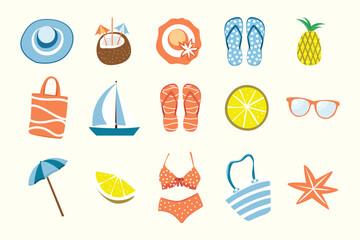 Set of summer elements. Beachwear, swimsuit, hat, flip-flops, sunglasses, umbrella, ship, tropical fruits