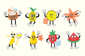 Set of cartoon characters fruits. Summer fruits