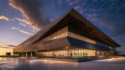 Obraz premium innovative sports complex with a dynamic exterior of fiber cement cladding, blending functionality with modern design under an evening sky