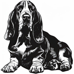 A black and white drawing of a Basset Hound dog