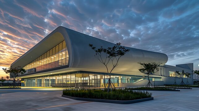 innovative sports complex with a dynamic exterior of fiber cement cladding, blending functionality with modern design under an evening sky
