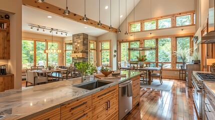 open-concept kitchen with cabinets made from bamboo, countertops from recycled paper composite, and an island topped with reclaimed wood