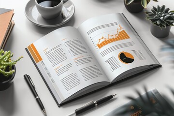 Open Book With Charts and Graphs on White Desk