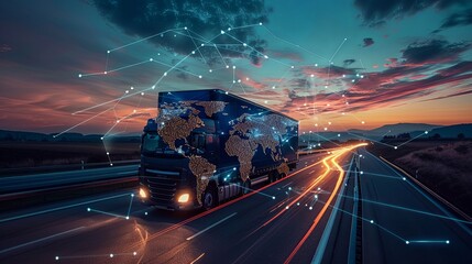 Image shows a logistics truck driving on a highway at sunset with a digital representation of global connections overlayed, highlighting international transport networks.