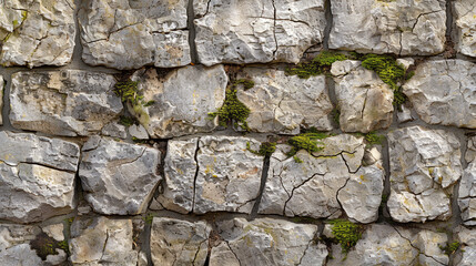 Fototapeta premium Weathered Stone Wall with Moss Growth - Natural Texture and Pattern Background