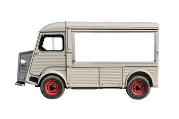 vintage french food truck (small sheet metal van) european car (branding your logo here) antique retro europe cool isolated cut out white background