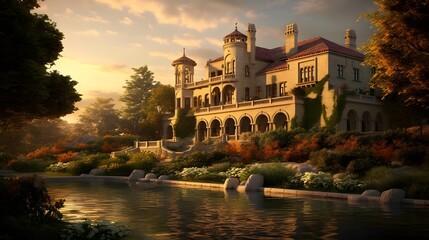 Luxury mansion in the garden at sunset. Panorama.