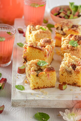 Sour and sweet rhubarb yeast cake made of fresh ingredients.