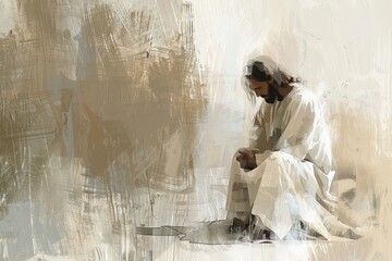 Jesus in Prayer. Christ in humble prayer, rendered in gentle, watercolor tones.