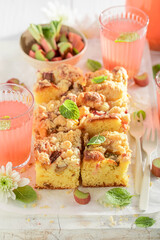Sweet and yummy rhubarb yeast cake as traditional summer cake.