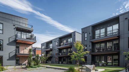 Obraz premium urban renewal project featuring old industrial buildings transformed into modern apartments with sleek, charcoal gray fiber cement siding