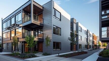 urban revitalization project featuring old industrial buildings converted into modern apartments with sleek, gray fiber cement siding