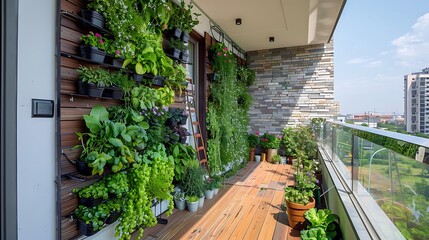 balcony garden with vertical planters made from upcycled materials, an eco-friendly watering system, and floor decking tiles made from recycled plastics