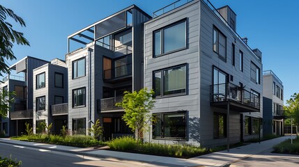 urban revitalization project featuring old industrial buildings converted into modern apartments with sleek, gray fiber cement siding