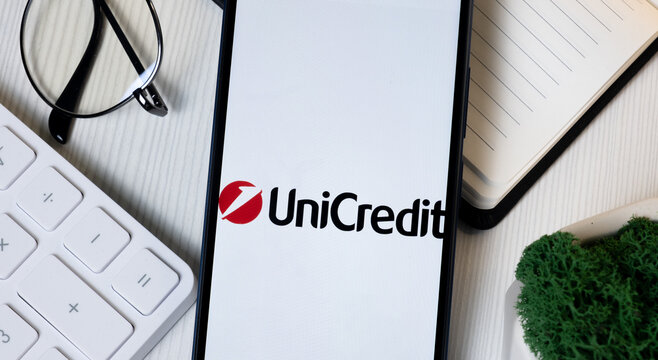 New York, USA - 1 June 2024: UniCredit Logo on Phone Screen, Company Icon