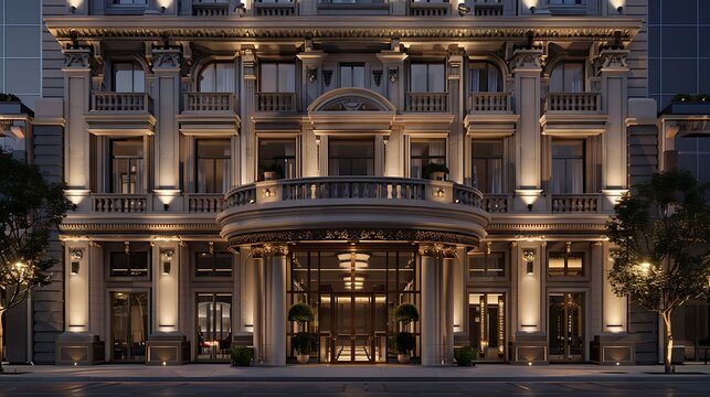 boutique hotel facade featuring ornate fiber cement detailing that mimics traditional stonework, blending modern materials with classic design