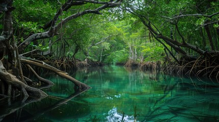 Serene mangrove lagoon with emerald waters reflecting twisted roots and lush canopy above.