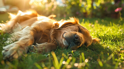 A dog is lying on the grass with its eyes closed, bathed in warm sunlight. The surroundings are green and slightly blurry.