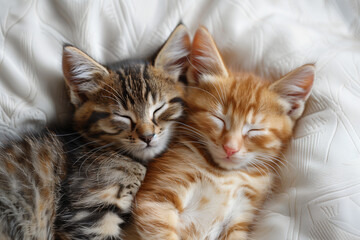 an aerial view cute minimalist professional photo of two cute kittens sleeping together, white background, copy space for product