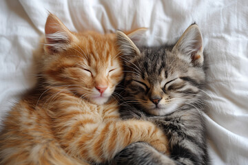 Naklejka premium an aerial view cute minimalist professional photo of two cute kittens sleeping together, white background, copy space for product