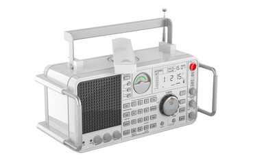 White Desktop Receiver. Portable desktop double-conversion receiver with FM Stereo, Long Wave, Medium Wave, Short Wave, VHF Air-band. 3D rendering isolated on transparent background