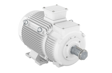 White industrial electric motor, 3D rendering isolated on transparent background
