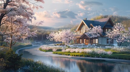 Obraz premium Serene riverbank road winding through blooming cherry trees to a luxurious craftsman home with a gabled roof.