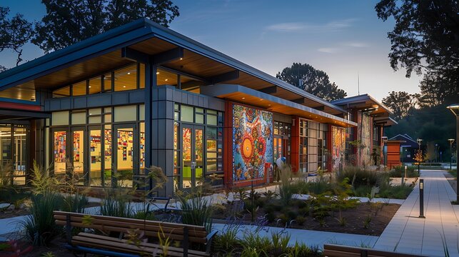 community arts center featuring a mosaic of recycled fiber cement siding pieces, highlighting community involvement and sustainable building practices