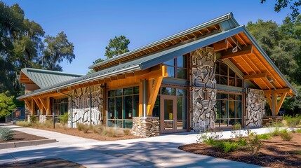 Obraz premium community center featuring a roof made from sustainable green roofing materials, walls insulated with recycled newspaper, and energy-efficient windows