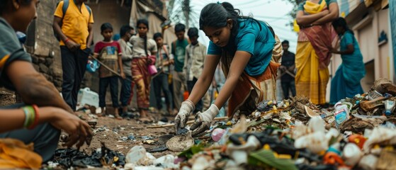 Crisp image of volunteers, led by a young woman, uniting for waste segregation