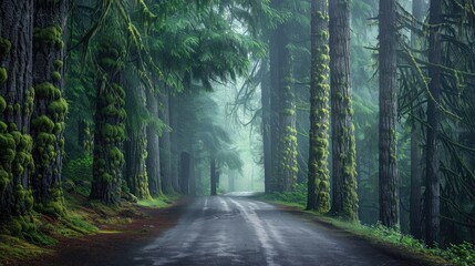 Fototapeta premium Spectral forest road lined with towering moss-covered pines shrouded in morning mist.