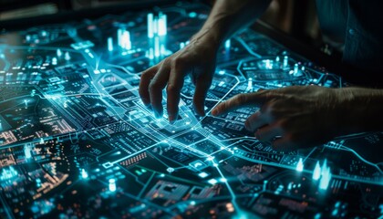 Person studies cybernetic city, high-tech navigation systems indicated