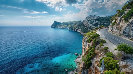 Fototapeta premium Tranquil coastal road hugging rugged cliffs, offering panoramic views of turquoise waters below.